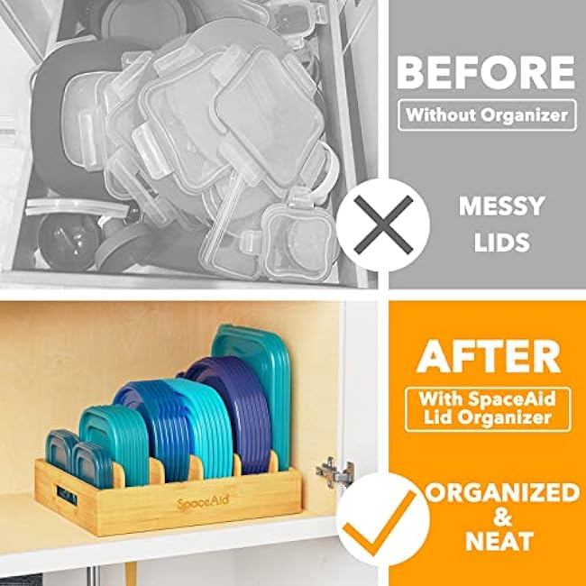 SpaceAid Natural Bamboo Lid Organizer with 5 Adjustable Dividers