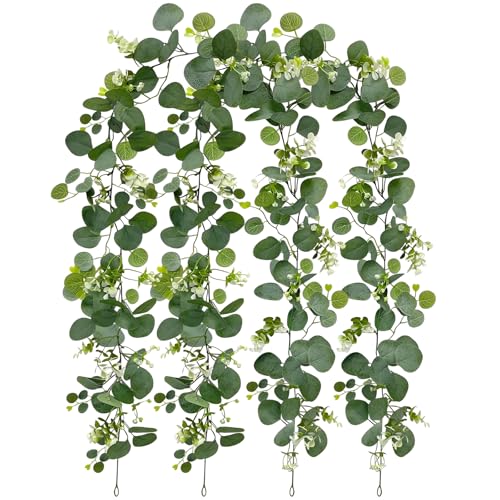 Vaskula 2 Pièces Eucalyptus Artificiel 1,8m Guirlande Fleurs Artificielles Émulation Guirlande D'eucalyptus avec Fleurs Blanches Guirlandes Artificielles...