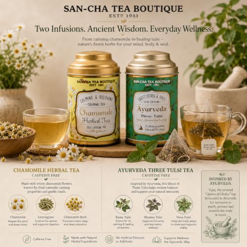 Image of Sancha Tea Boutique, Tea Combo Pack: Chamomile Herbal Tisane (50g) & Tulsi Herbal Tisane (25 Pyramid Bags), Ayurveda Blends, Caffeine Free Tisanes