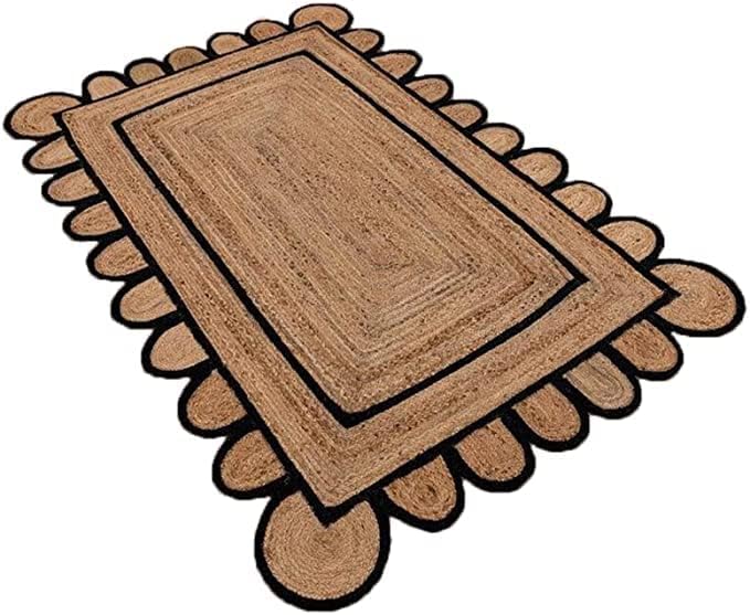 THE RUG CAFE Natural Scalloped Jute Area Rug Bohemian