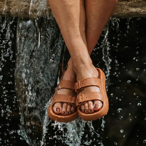 Image of CUSHIONAIRE Fame Pillow Recovery Sandals for Women, Adjustable Double Buckle Waterproof EVA Cloud Slides for Women