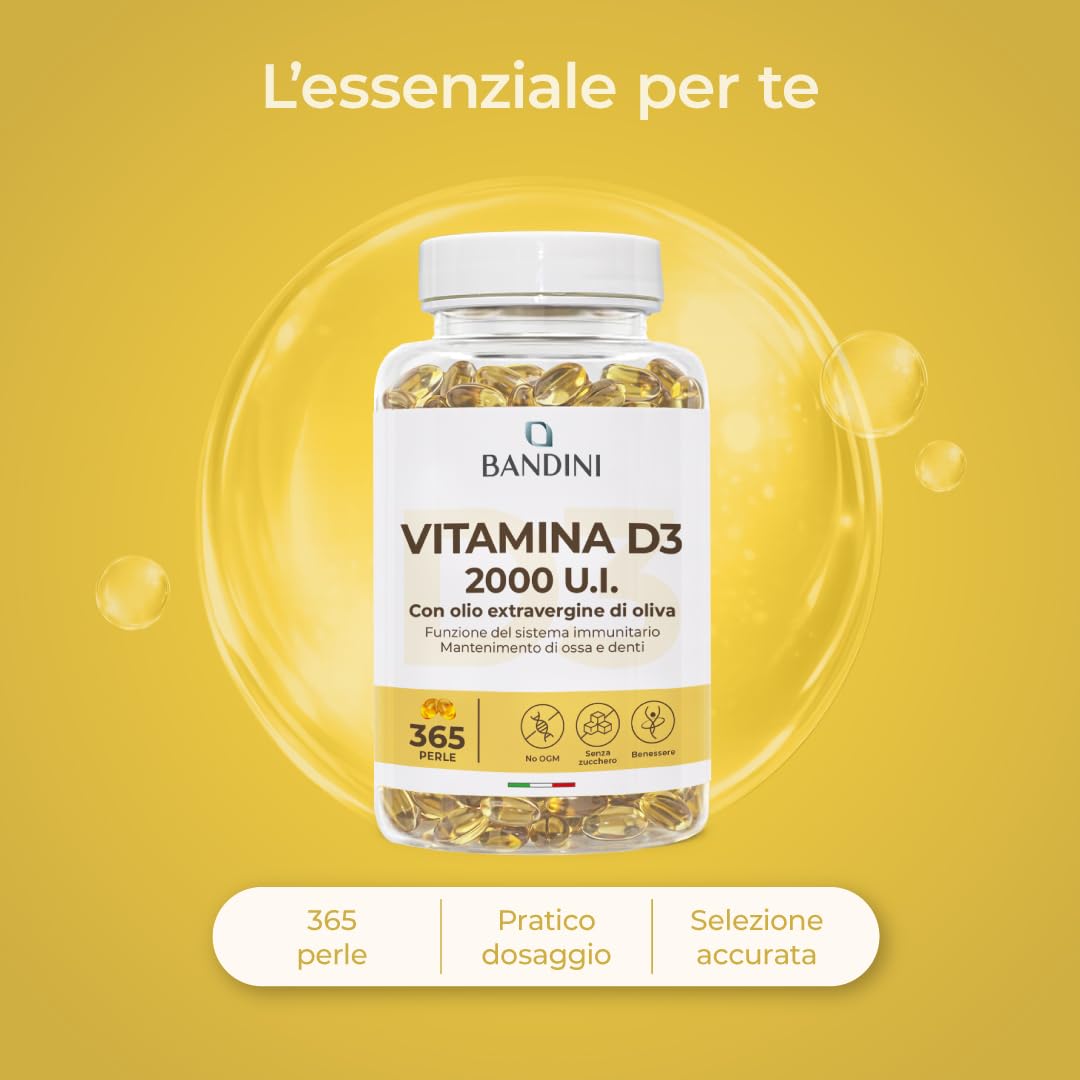 Bandini® Vitamina D3 2000 UI 365 Softgels, Alto Dosaggio 50μg, Vitamine D Colecalciferolo in perle, In Olio Extravergine di Oliva per Assorbimento Ottimale, Ossa, Denti, Muscoli, Sistema immunitario