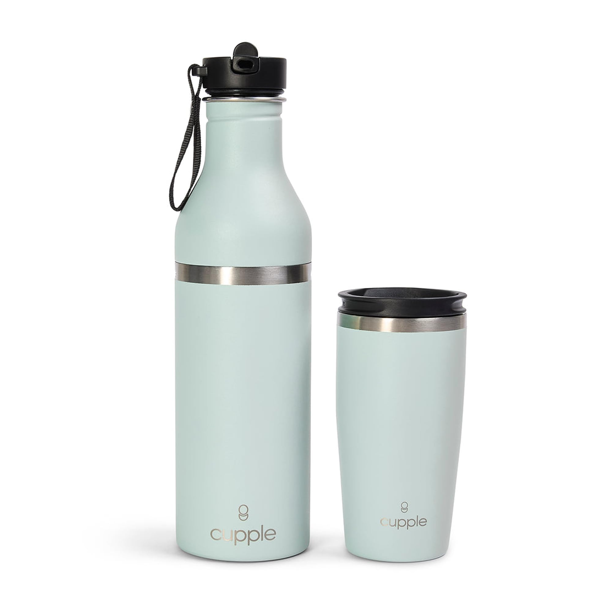 Taza + botella, acero inoxidable, bebidas frías y calientes, a prueba de fugas, se adapta a portavasos, taza de café integrada, pimienta negra (verde marino)