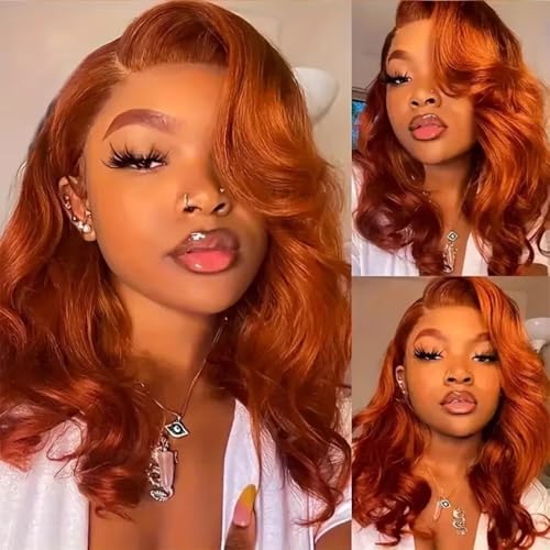 UVVUVV Ginger Orange Lace Front Wigs Human Hair 180 Density Body Wave Bob Wig Human Hair 13x4 HD Lace Front wig 350 Ginger Glueless Wigs Human Hair Transparent Lace Frontal wigs Pre Plucked 14 Inch