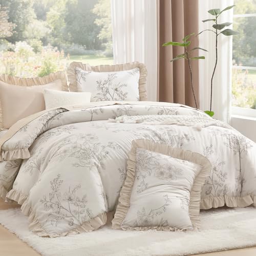 Image of Litanika Beige Brown Full Comforter Sets, 3 Pieces Khaki Ruffle Floral Farmhouse Bedding Comforter Sets, All Season Soft Lightweight Fluffy Microfiber Bed Set(79x90In Comforter, 2 Pillowcases)
