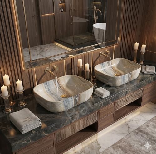 Image of Designer Ceramic Wash Basin For Bathroom | Over Counter Bathroom Basin | Counter Top Bathroom Sink | Wash Basin For Restaurant, Hotel (18 x13 x 5 Inch) (Brown Grey)