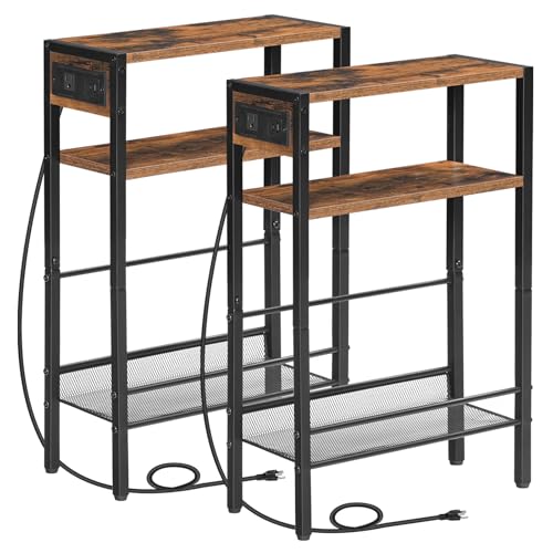 Image of HOOBRO Small Narrow Side Table with Charging Station Set of 2, Skinny End Table for Small Spaces, Slim Nightstand with USB Ports Outlet, Sofa Beside Table with Storage Shelf BF102UBZP201