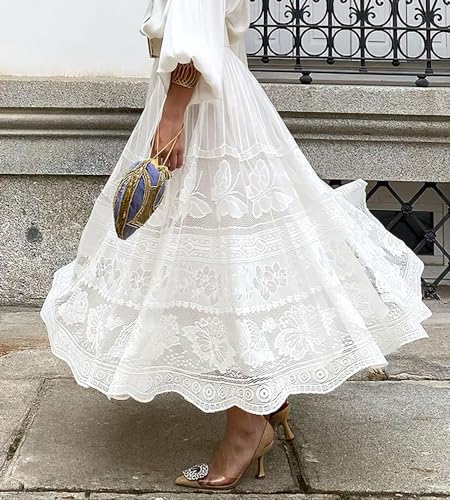 ebossy Women's Elegant Lace Tulle Skirt High Waist A-line Swing Prom Party Long Skirt with Liner2