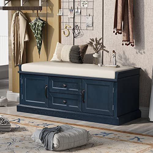 Knocbel 425 Entry Storage Bench with Removable Cushion 2 Drawers and 2 Cabinets Entryway Hallway Foyer Shoe Bench End of Bed Bench with Aluminum Handles 200lbs Weight Capacity Antique Navy