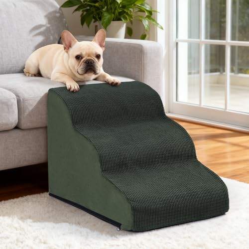 Image of Aodisman Dog Stairs for Small Dogs and Cats,3-Step Pet Ramp for Couch,Chair | 15.7 inch H Non-Slip Sturdy Dog Steps with Curved Ramp for Senior,Short-Legged Dogs,Puppy and Cats to Reach Sofa or Chair,Green
