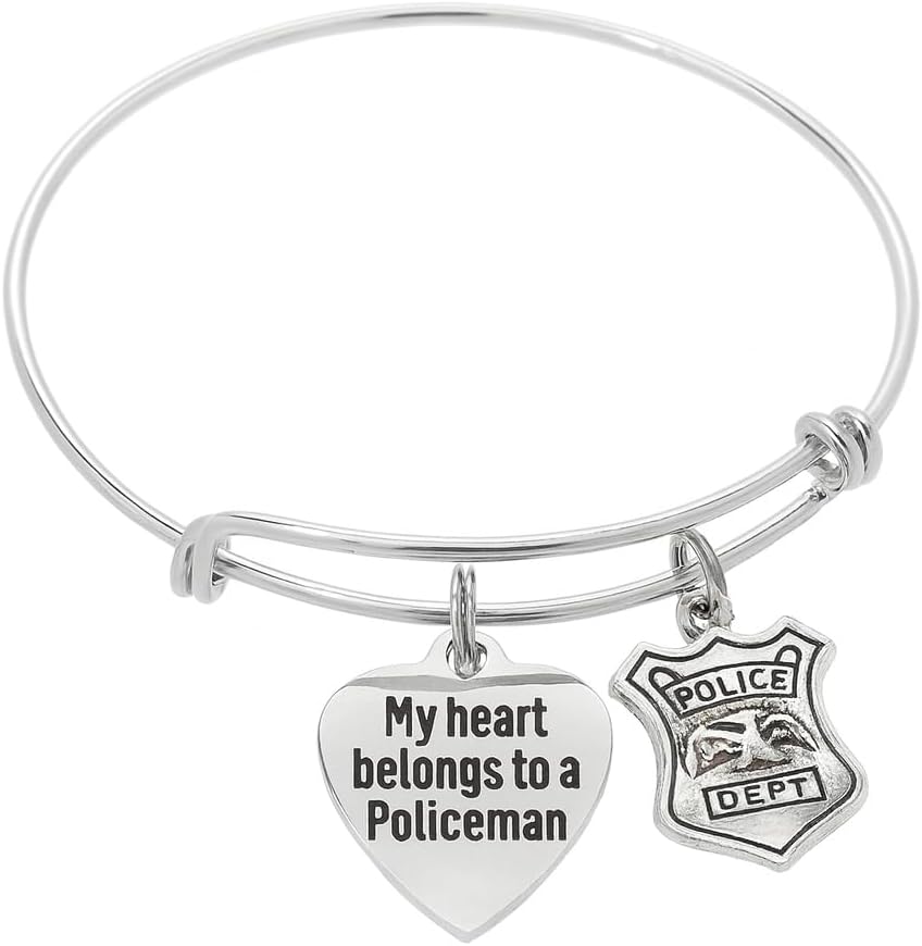 Silver Police Bracelet Adjustable Bangle My Heart Belongs to a Policeman Charm Police Badge Bracelet One Size Fits All Handmade Law Enforcement Gift for Women and Teens