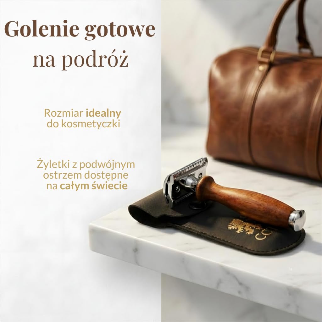 Maszynka do golenia z podwójnym ostrzem The Cambridge Cutthroat®, profesjonalna, tradycyjna, z drewna Missanda, premium, do golenia, modelowania wąsów i brody, w zestawie etui podróżne