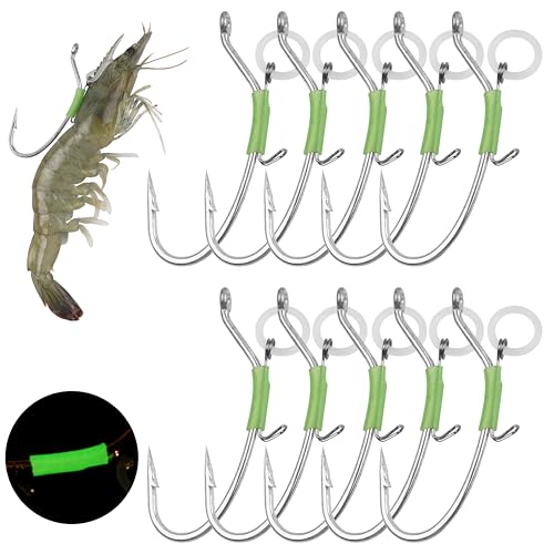 OROOTL Live Shrimp Hook 10pcs Luminous Shrimp Hooks Fishing Saltwater High Carbon Steel Fishing Hooks Barbed Live Bait Hook for Bass Grouper Pike Catfish and More