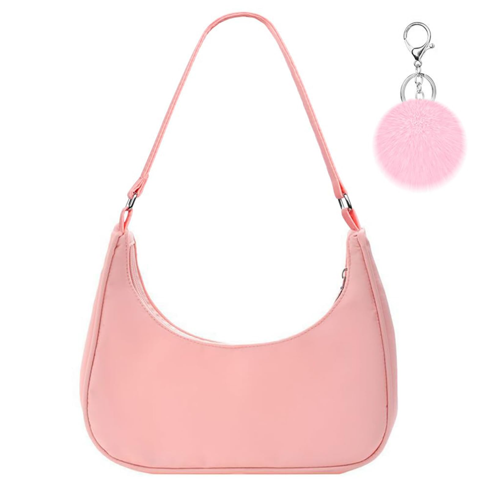 Aucuu Umhängetasche Damen Handtasche, Nylon Retro Achsel Tasche mit Pom-Pom-Schlüsselanhänger, Y2k Fashion Unterarmtasche mit Reißverschluss-Geschenk für Weihnachten und Geburtstag