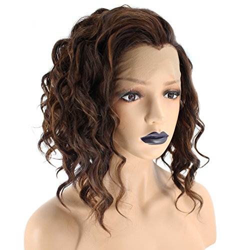Anogol Hair Cap+Short Curly Lace Front Wig for Women Ombre Brown Lace Front Wig With Widow's Peak Synthetic Hair Wigs