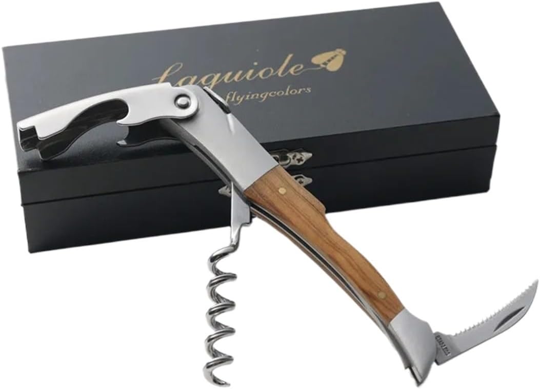 1Pcs Laguiole Wine Corkscrew Can Opener Beer Cap Jar Bottle Openers Wood Handle Multifunctional Wine Accessories Household(Corkscrew in box)
