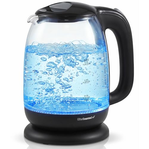 Image of Elite Gourmet EKT1792 1.7L Glass Electric Kettle, Blue LED, 7.2 Cups, Auto Shut-Off, Boil-Dry Protection, 360 Cordless Base, Rapid Boil, Hot Water for Tea Coffee Oatmeal
