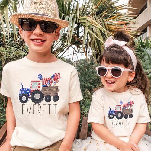 Personalized 4th Of July Tractor Shirt For Kids - Custom Name Monogram Farm Tractor American Flag Outfit - Toddler & Youth Boho Natural Kids Shirts2