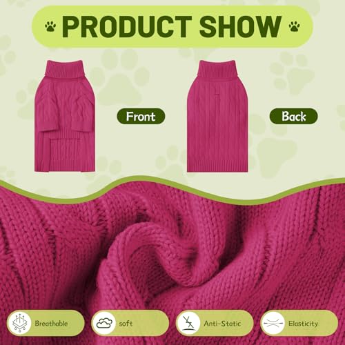 Image of Small Dog Thermal Pullover Sweater, Classic Turtleneck Cable Knitwear Dog Clothes for Cold Weather Warm Pet Clothes for Chihuahua, Bulldog, Dachshund, Pug Hot Pink X-Large