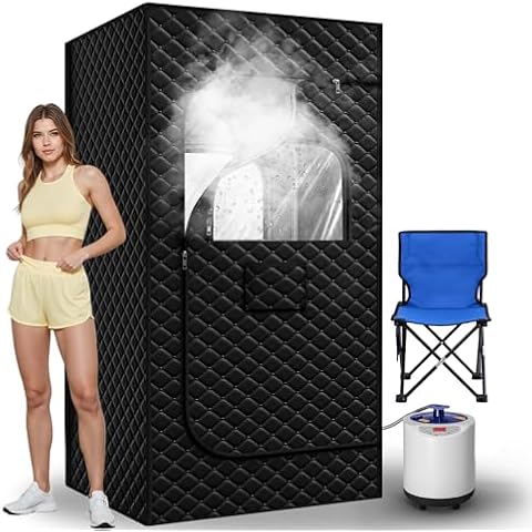 Manastin Portable Steam Sauna, 15 Levels of Foldable Sauna for Home, Sauna Box with 1200w 3L Steamer, Personal Sauna with Remote Control and Folding Chair, (Satin Cotton, Black) Cover