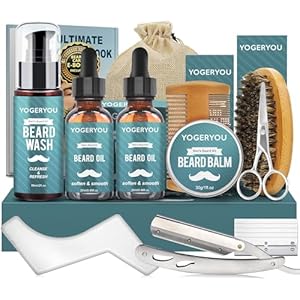 Beard Kit,Beard Grooming Kit for Men W/Straight Razor,2 PACK Beard Oil, Wash, Balm, Brush, Comb, Scissors Mens Birthday Christmas Gifts for Men Boyfriend Husband Beard Trimming Shaving Kit