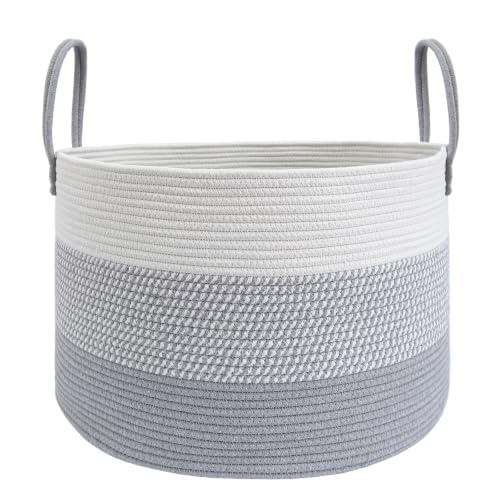 JMvicyroam 115L Extra Large Blanket Basket for Living Room - Woven Cotton Rope Laundry Hamper with Reinforced Handles - Storage Bin for Pillows, Comforters & Toys - Machine Washable,White&Grey Mix