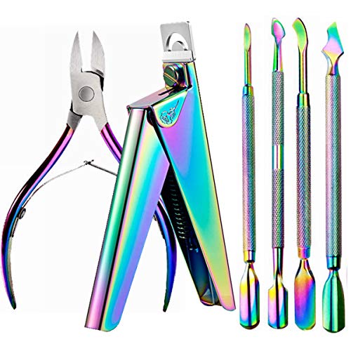 6 in 1 Acrylic Nail Clipper False Nail Tips Clipper Cuticle Trimmer Nipper with Cuticle Pusher Cuticle Remover, Rainbow Stainless Steel Nail Manicure Set for Salon Home Nail Art Manicure Tool