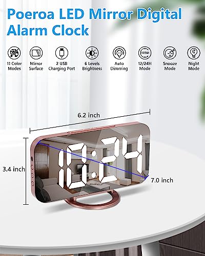 Digital Alarm Clock,7 Inch Led Mirrored Large Display, With Dual Usb Charger Ports,Auto Dim,Snooze Function,Modern Desk Wall Electronic Clocks For Bedroom Living Room Office - Rose Gold #TOP1