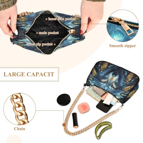 Mystical Blue Wolf Face Celestial Ladies Shoulder Bag Prints for Women Classic Purse Hobo Totes Cartoon Clutch Handbags Zipper Closure4