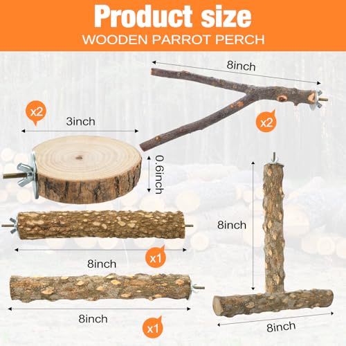 Image of Bird Perch Stand, Pole Standing Natural Wood Bird Perch Set 7PCS Paw Grinding Fork Parrot Cage Branch with Rope Cage Accessories Toys for Parakeets, Cockatiels, Conure, Budgies (Brown 1)