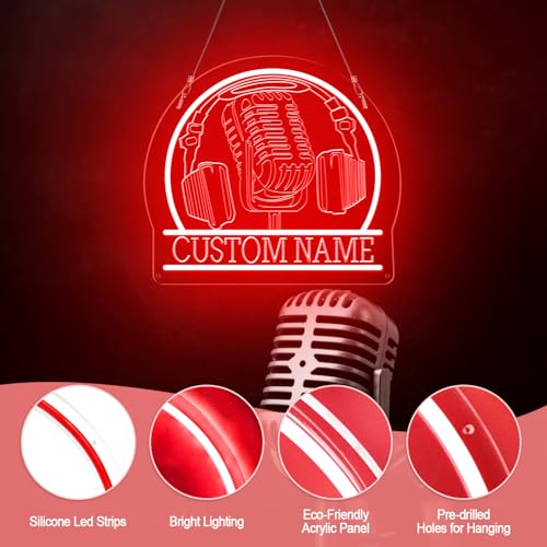 Image of Custom Recording Neon Sign, Personalized Microphone Headphones Name LED Sign, Customized Gifts for Musicians Audiophiles Enthusiasts , Dimmable Large Neon Light Up Music Signs, Music Studio Room Decorations