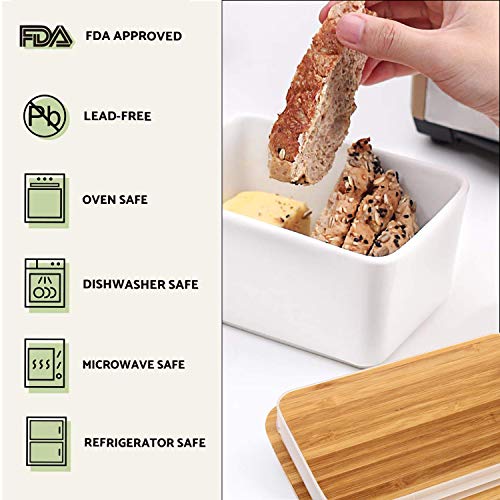 Butter Dish, OAMCEG Porcelain Ceramic Butter Container, Large Butter Keeper with Wooden Lid and Steel Knife, Airtight Butter Storage Container with Cover Holds Up to 2 Sticks of Butter