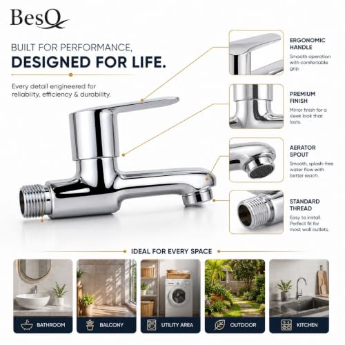 Image of Long Body Bib Tap | Usefull for Bathroom, Kitchen and Utility Area, Heavy Duty Brass Construction | Chrome Finish, Wall Mounted Faucet with Smooth | Modern, Single Lever Water Faucet