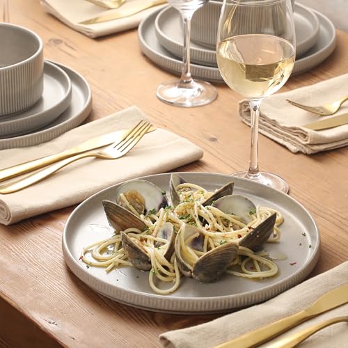 Image of Gibson Elite Avant-Garde 12 Piece Stoneware Dinnerware Set for 4, Chateau Grey Plates and Bowls Set with Reactive Glaze, Includes Dinner Plates, Salad Plates and Bowls