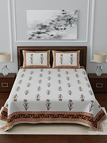Image of LIVING ROOTS Jaipuri Hand Block Print King Cotton Bedsheet 86 * 104 inches (7 * 8.5 feet) with 2 Pillow Cover | 210 TC | Rich Fast Colour with No Colour Bleeding | (040-C)