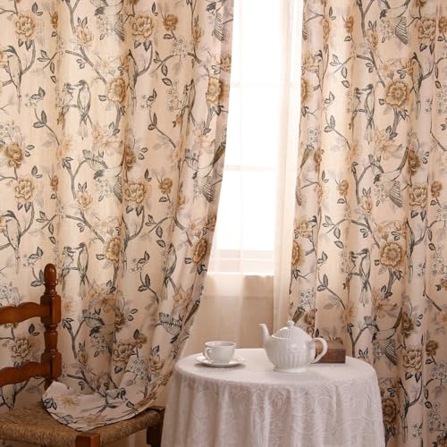 Image of Designer French Linen Printed Curtains,2 Panels,94 inchx65 inch-Murad | Vintage Elegant Curtain with Grommets 94 inches long,Bird and Flowers Pattern Draps,kitchen Bedroom Living Room Window