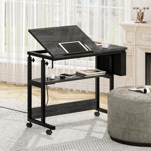 Image of YITAHOME Height Adjustable Table with Charging Station, Portable Desk with Wheels, Small Standing Rolling Computer Desk with Tiltable Tabletop and Storage Bag, Grey