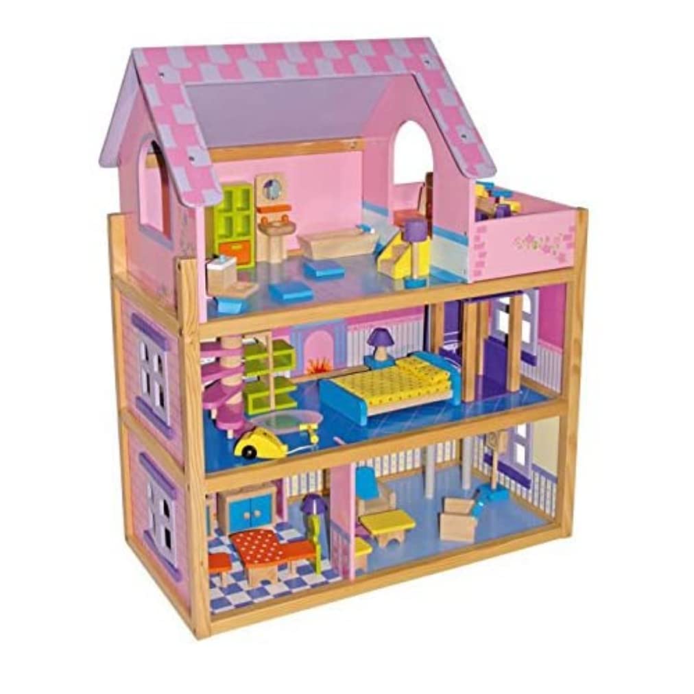 small foot 1535 Domek dla lalek "Rosa" z drewna, z 3 poziomami, kręconymi schodami, windami i 23 meblami dla lalek, od 3 lat