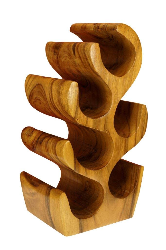 Kinaree Massivholz Weinregal für 6 Flaschen - 50cm freistehendes Flaschenregal in Baum Form aus einem Stück massiver Akazie (Suar) in rustikaler Optik