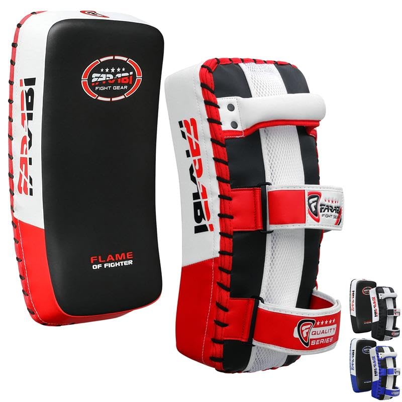 Farabi Sports paos Muay Thai para Coaching, Entrenamiento, Kickboxing Curved Kick Pad, pao Muay Thai Strike Shield MMA Pads (Rojo (Par))