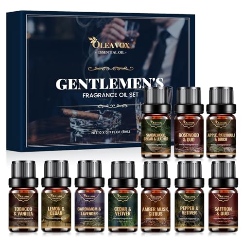 Men Essential Oils Set Gift for Father Masculine Fragrance Oils Blends for Diffuser Candle & Soap Making Car Diffuser Scents Sandalwood Cedar&Leather Tobacco&Vanilla More 10x5ml
