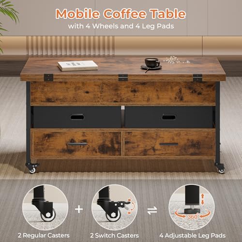 UPOSOJA Lift Top Coffee Table with Storage, 4 in 1 Square Center Table with 4 Casters, Lift Tabletop Dining Table for Living Room with Built-in Power Outlet 4 Drawers Hidden Compartment (Brown)