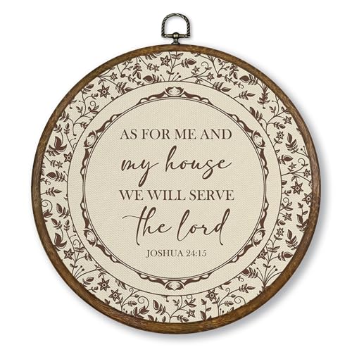 Qskjre Vintage Christian Wall Art Decor As for Me and My House We Will Serve the Lord Round Wood Framed Canvas Wall Artwork Bible Verse Scripture Hanging Prints for Church Decorations 10x10inch