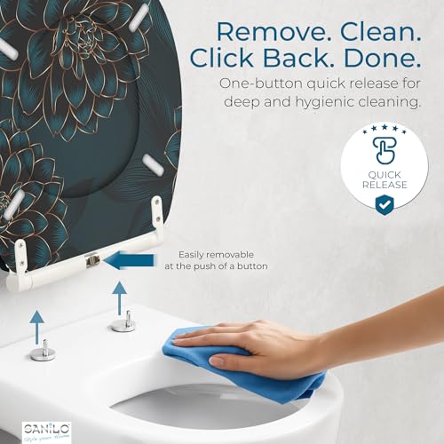 Image of Sanilo Wooden Toilet Seat with Quick Release & Soft Close [ROUND] - Decorative & Slow Close Molded Wood Seat - With One Click for Easy Installation & Cleaning - With Adjustable Fit (Dahlia)