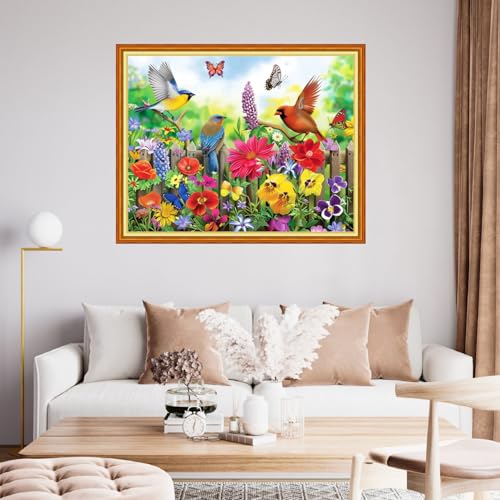 Image of Funchey Stamped Cross Stitch Kits, DIY Cross Stitch Pattern for Adults Beginners Needlepoint Kits Embroidery Kit Arts and Crafts 11CT&The Birds on the Fence 16x20 inch