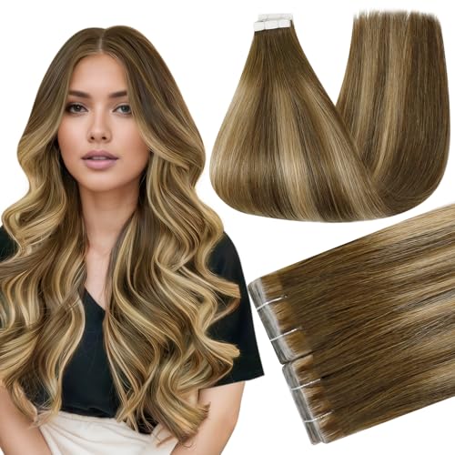 Full Shine Brown Tape In Hair Extensions Human Hair Color 4/24/4 Medium Brown Ombre Blonde Injection Human Hair Tape in Extensions 14Inch 40G 20Pcs Remy Short Hair Compatibility