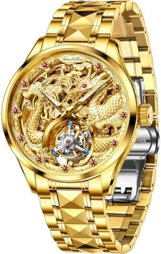 OUPINKE Men&#39;s Luxury Dragon-Engraved Tourbillon Watch Tungsten Steel Sapphire Crystal