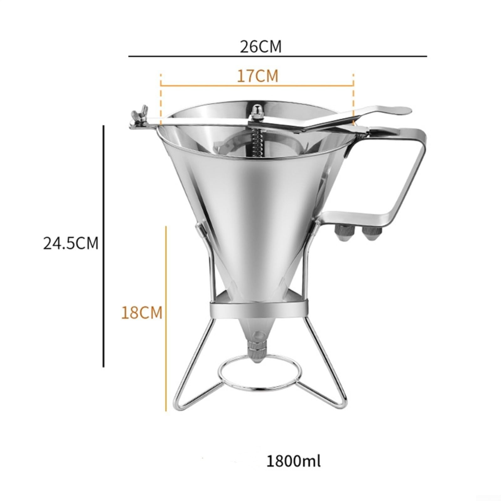 Dispensador de masa para tortitas de acero inoxidable, 1800 ml, con 3 boquillas, embudo de gran capacidad para magdalenas y salsas, dosificación precisa para cocina y panadería, plata