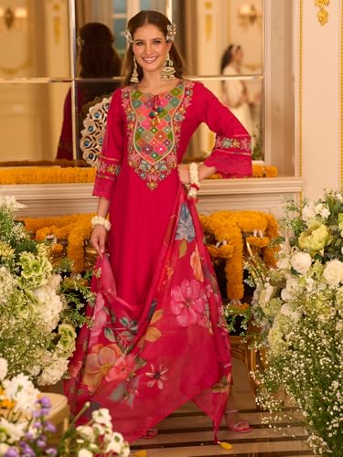 Image of INDO ERA Women's Silk Blend Floral Embroidered A-Line Kurta & Pant with Dupatta Set (IEOUT12374)