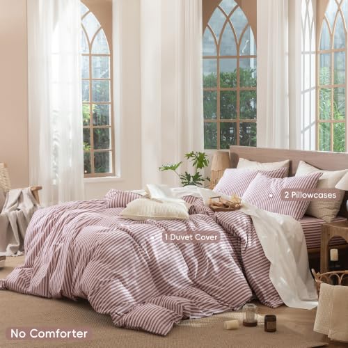 Image of MooMee Striped Duvet Cover Set 100% Washed Cotton Linen Like King | Relaxed Linen-like Texture. Soft, Breathable & Long-lasting Comfort. Lightweight. Hidden Zipper with 8 Interior Corner Ties